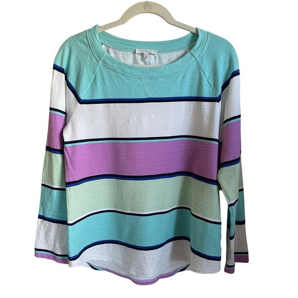 T by Talbots Striped Top Size MP Blue Pink Boat Neck Coastal Colorful Stretchy - Picture 1 of 6